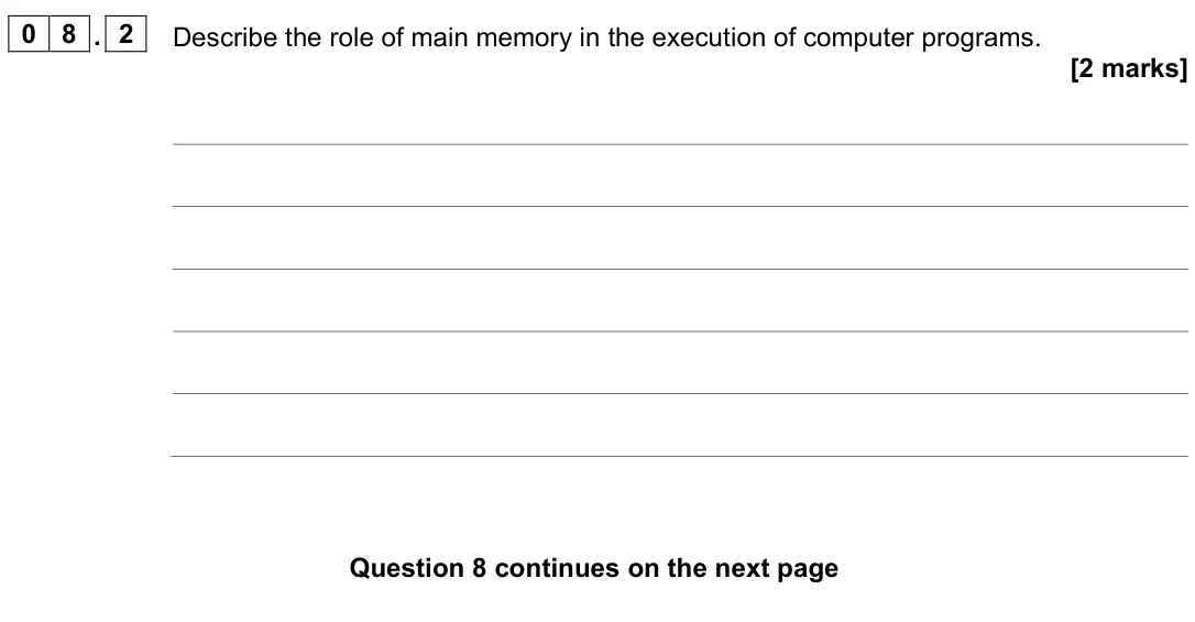 June 2022 AS Paper 2, question 08.2: Describe the role of main memory in the execution of computer programs. [2 marks]