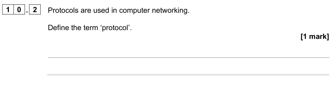 June 2022 AS Paper 2, question 10.2: Protocols are used in computer networking. Define the term ‘protocol’. [1 mark]