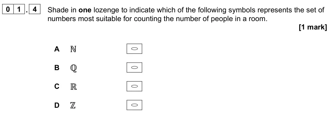 June 2023 AS Paper 2, question 01.4: Shade in one lozenge to indicate which of the following symbols represents the set of numbers most suitable for counting the number of people in a room. [1 mark