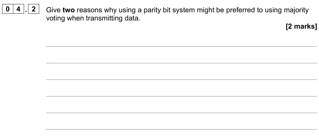 June 2023 AS Paper 2, question 04.2: Give two reasons why using a parity bit system might be preferred to using majority voting when transmitting data. [2 marks]