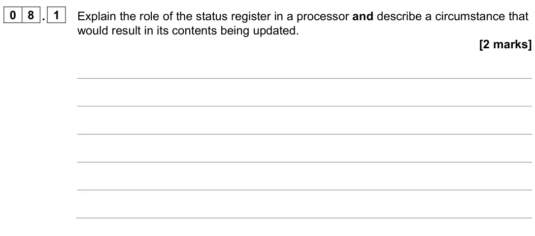 June 2023 AS Paper 2, question 08.1: Explain the role of the status register in a processor and describe a circumstance that would result in its contents being updated. [2 marks]