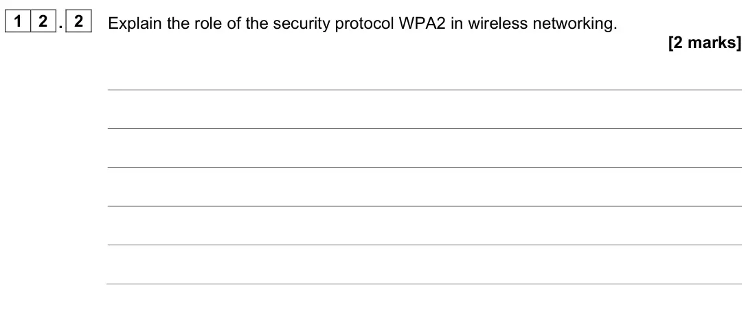 June 2023 AS Paper 2, question 12.2: Explain the role of the security protocol WPA2 in wireless networking. [2 marks]