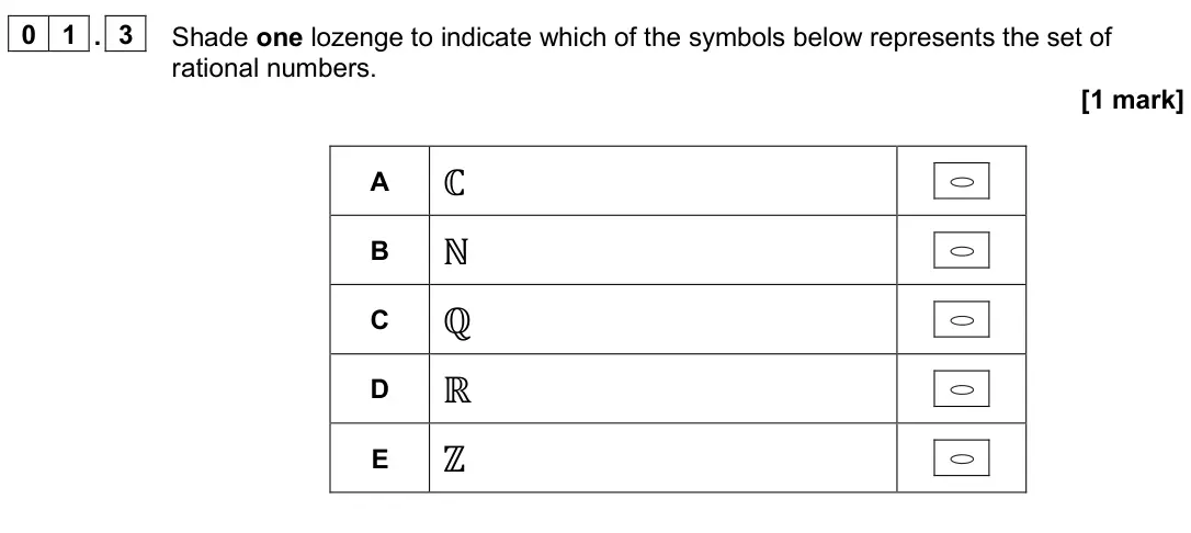 June 2024 AS Paper 2, question 01.3: Shade one lozenge to indicate which of the symbols below represents the set of rational numbers. [1 mark] A ℂ B ℕ C ℚ D ℝ E ℤ