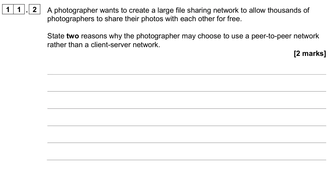 June 2024 AS Paper 2, question 11.2: A photographer wants to create a large file sharing network to allow thousands of photographers to share their photos with each other for free. State two reason