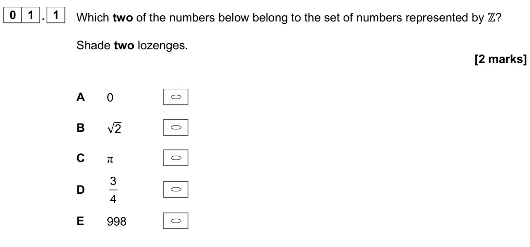 June 2025 AS Paper 2, question 01.1: Which two of the numbers below belong to the set of numbers represented by ℤ? Shade two lozenges. [2 marks] A 0 B √2 C π D 3 4 E 998