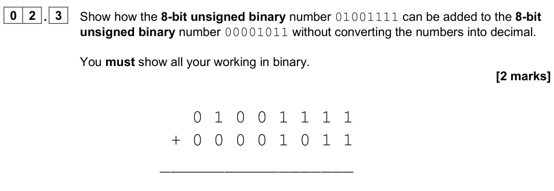June 2025 AS Paper 2, question 02.3: Show how the 8-bit unsigned binary number 01001111 can be added to the 8-bit unsigned binary number 00001011 without converting the numbers into decimal. You mu