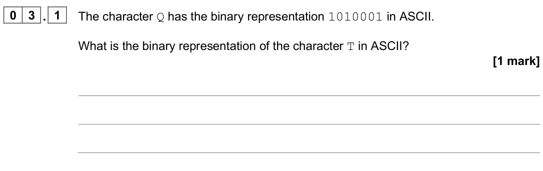 June 2025 AS Paper 2, question 03.1: The character Q has the binary representation 1010001 in ASCII. What is the binary representation of the character T in ASCII? [1 mark]