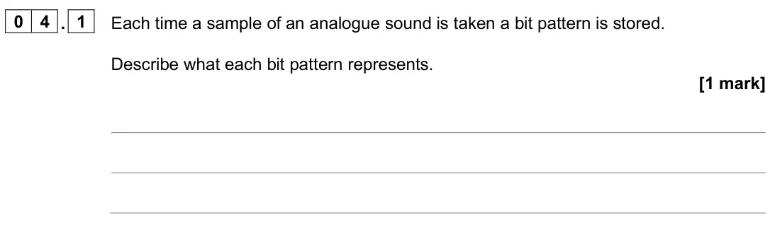 June 2025 AS Paper 2, question 04.1: Each time a sample of an analogue sound is taken a bit pattern is stored. Describe what each bit pattern represents. [1 mark]