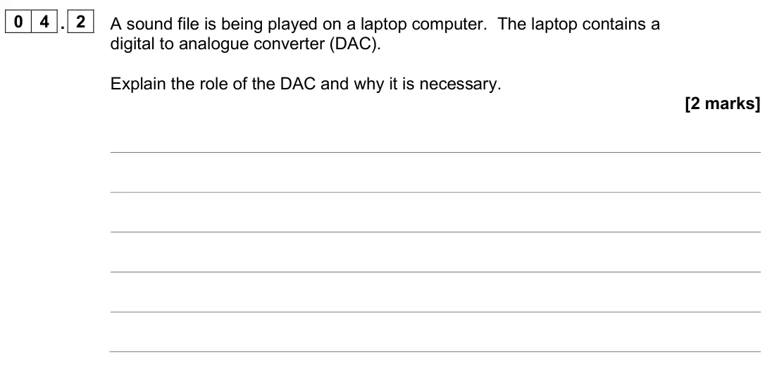 June 2025 AS Paper 2, question 04.2: A sound file is being played on a laptop computer. The laptop contains a digital to analogue converter (DAC). Explain the role of the DAC and why it is necessar