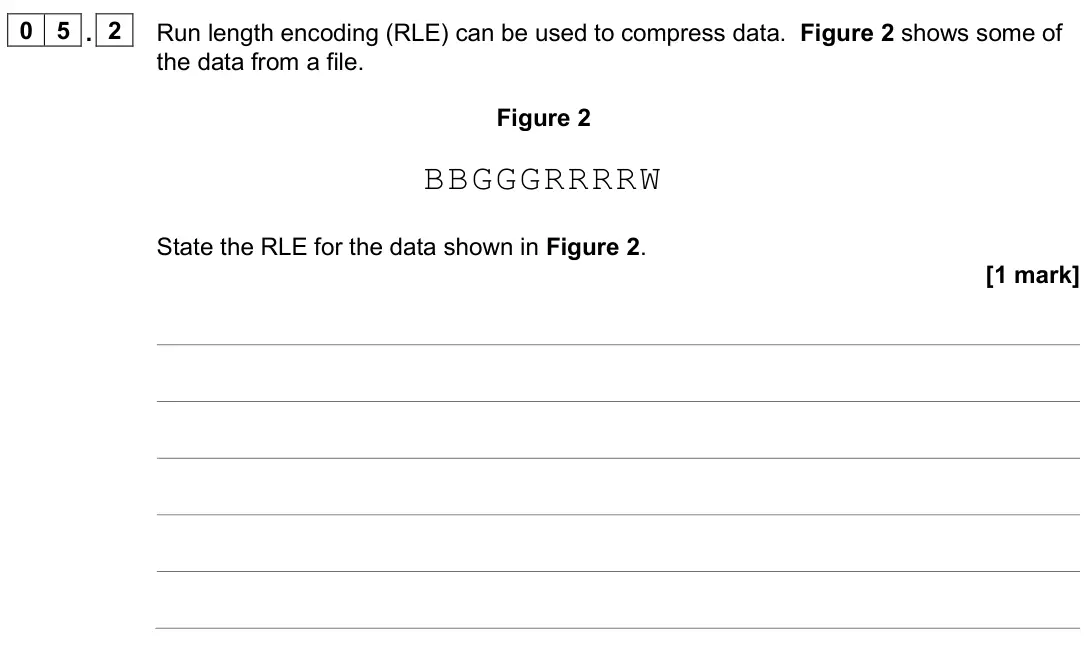 June 2025 AS Paper 2, question 05.2: Run length encoding (RLE) can be used to compress data. Figure 2 shows some of the data from a file. Figure 2 BBGGGRRRRW State the RLE for the data shown in Fig
