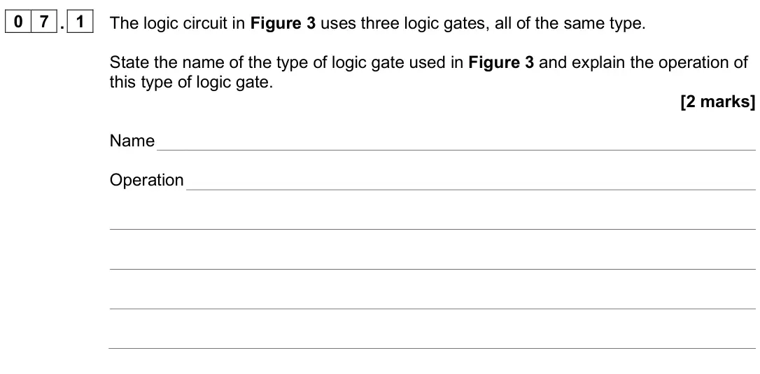 June 2025 AS Paper 2, question 07.1: The logic circuit in Figure 3 uses three logic gates, all of the same type. State the name of the type of logic gate used in Figure 3 and explain the operation