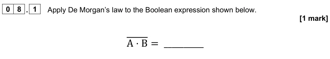 June 2025 AS Paper 2, question 08.1: Apply De Morgan’s law to the Boolean expression shown below. [1 mark] A ⋅B = __________