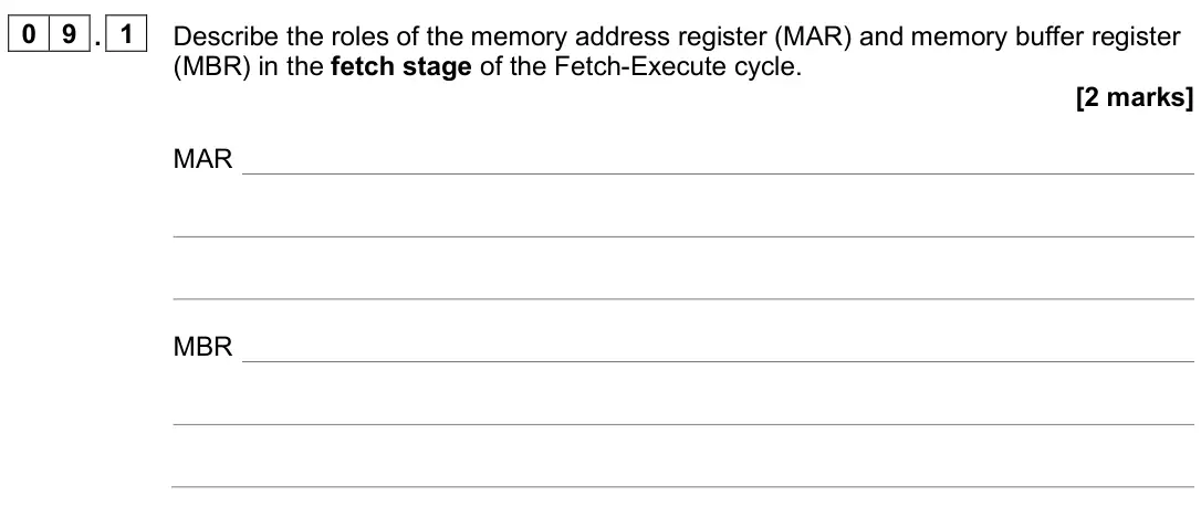 June 2025 AS Paper 2, question 09.1: Describe the roles of the memory address register (MAR) and memory buffer register (MBR) in the fetch stage of the Fetch-Execute cycle. [2 marks] MAR MBR