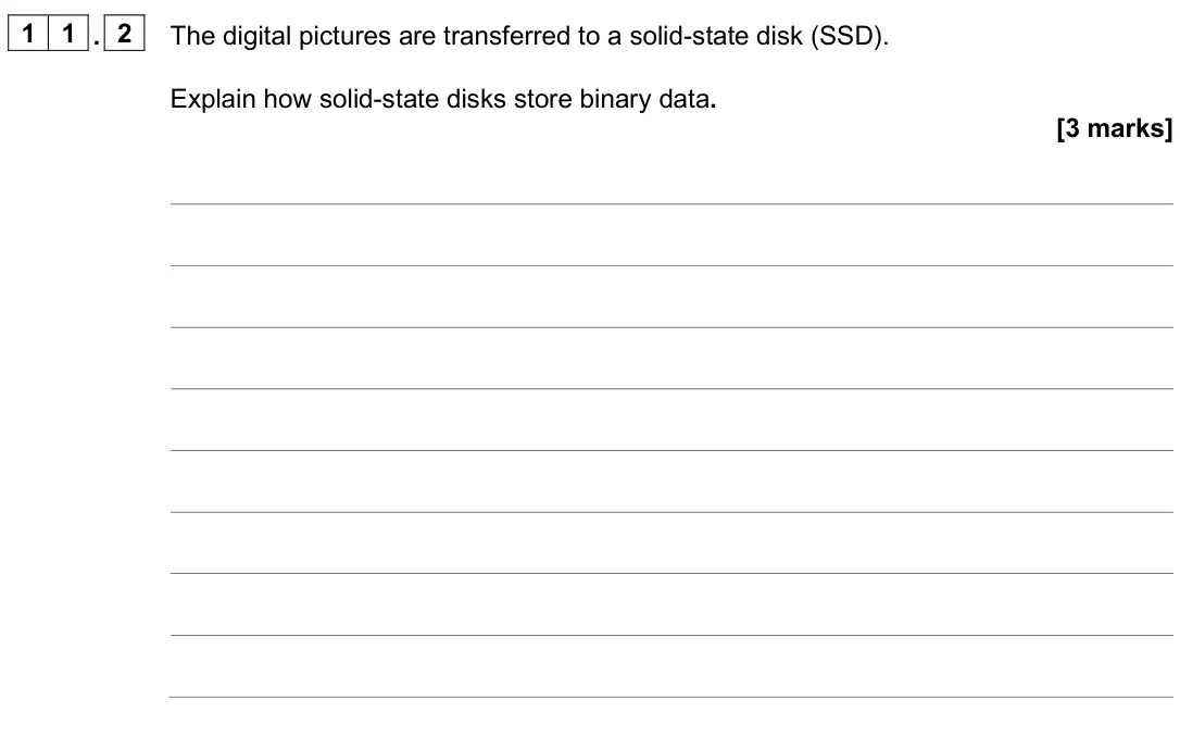 June 2025 AS Paper 2, question 11.2: The digital pictures are transferred to a solid-state disk (SSD). Explain how solid-state disks store binary data. [3 marks]