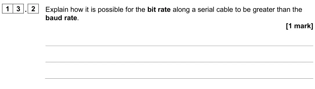 June 2025 AS Paper 2, question 13.2: Explain how it is possible for the bit rate along a serial cable to be greater than the baud rate. [1 mark]