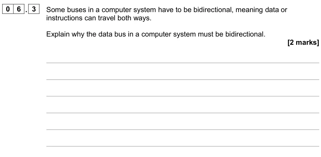 November 2020 AS Paper 2, question 06.3: Some buses in a computer system have to be bidirectional, meaning data or instructions can travel both ways. Explain why the data bus in a computer system must