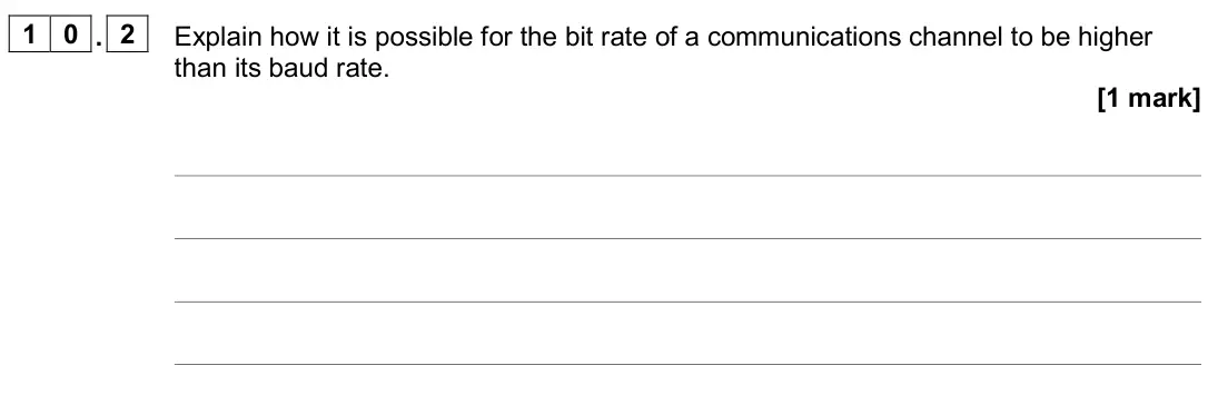 November 2020 AS Paper 2, question 10.2: Explain how it is possible for the bit rate of a communications channel to be higher than its baud rate. [1 mark]