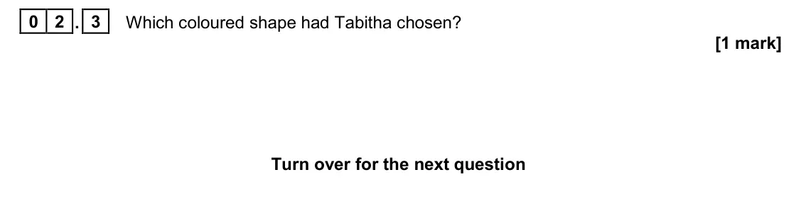 June 2023 Paper 1, question 02.3: Which coloured shape had Tabitha chosen? [1 mark] for the next question