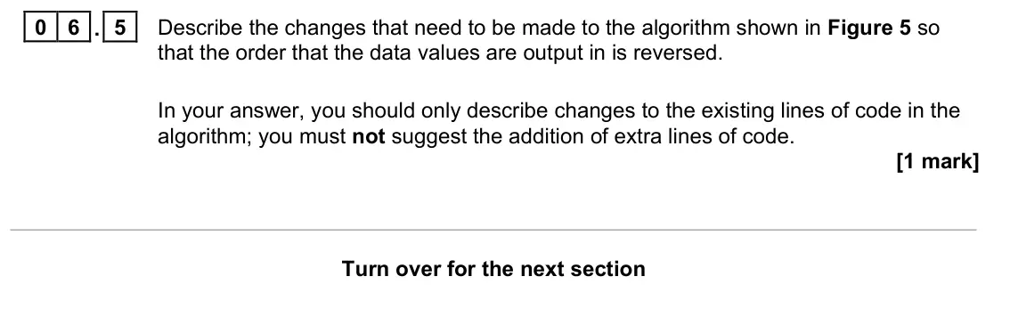 June 2024 Paper 1, question 06.5: Describe the changes that need to be made to the algorithm shown in Figure 5 so that the order that the data values are output in is reversed. In your answer, y