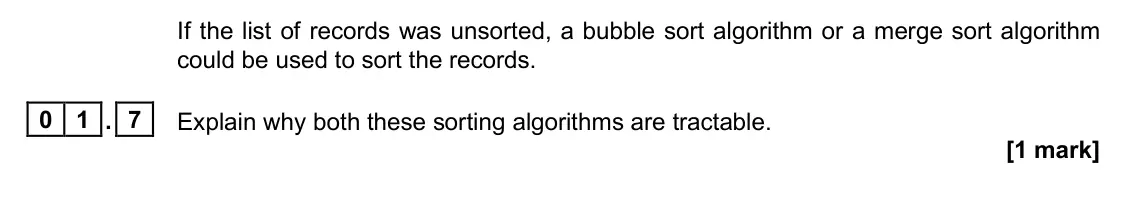 June 2025 Paper 1, question 01.7: Explain why both these sorting algorithms are tractable. [1 mark]