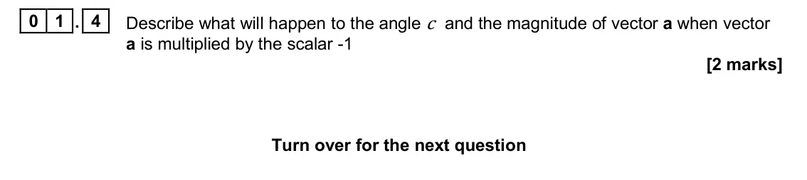 November 2020 Paper 1, question 01.4: Describe what will happen to the angle and the magnitude of vector a when vector a is multiplied by the scalar -1 [2 marks] for the next question