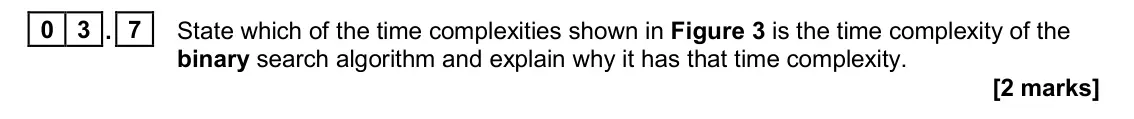 November 2020 Paper 1, question 03.7: State which of the time complexities shown in Figure 3 is the time complexity of the binary search algorithm and explain why it has that time complexity. [2 mar