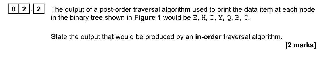 November 2021 Paper 1, question 02.2: The output of a post-order traversal algorithm used to print the data item at each node in the binary tree shown in Figure 1 would be E, H, I, Y, Q, B, C. State