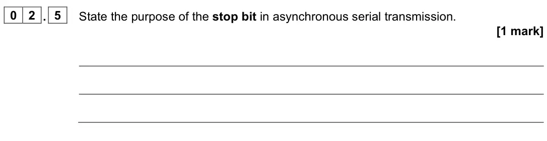 June 2022 Paper 2, question 02.5: State the purpose of the stop bit in asynchronous serial transmission. [1 mark]