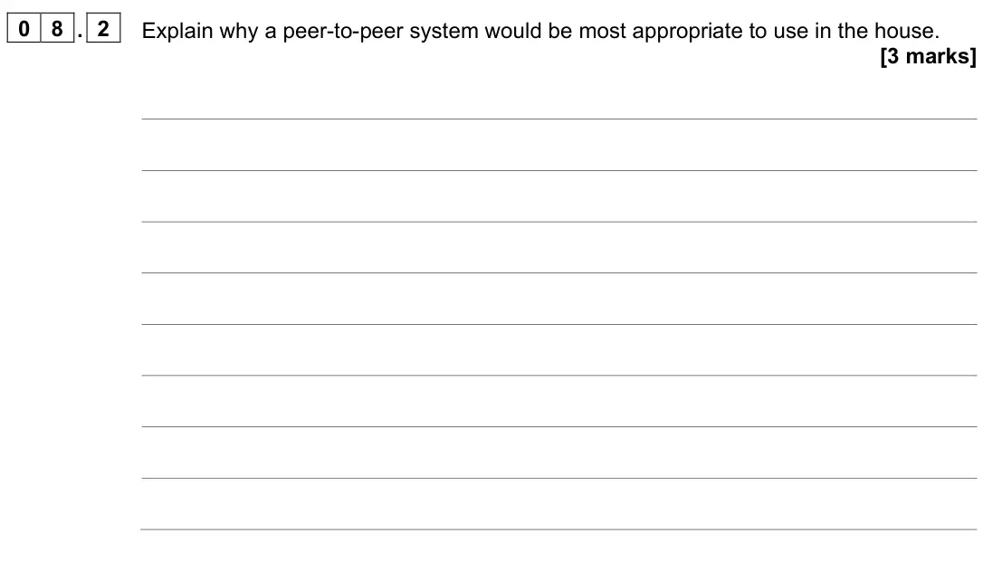 June 2022 Paper 2, question 08.2: Explain why a peer-to-peer system would be most appropriate to use in the house. [3 marks]