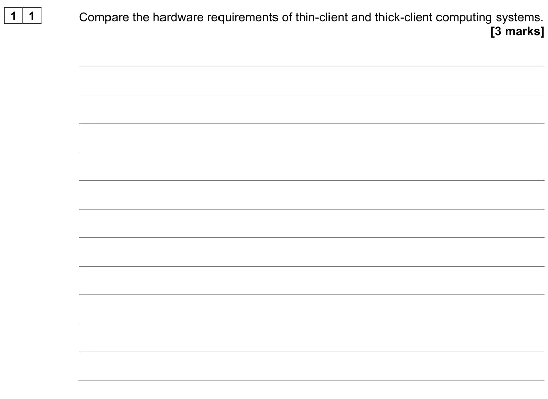 June 2022 Paper 2, question 11: Compare the hardware requirements of thin-client and thick-client computing systems. [3 marks]