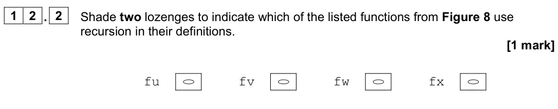 June 2022 Paper 2, question 12.2: Shade two lozenges to indicate which of the listed functions from Figure 8 use recursion in their definitions. [1 mark] fu fv fw fx