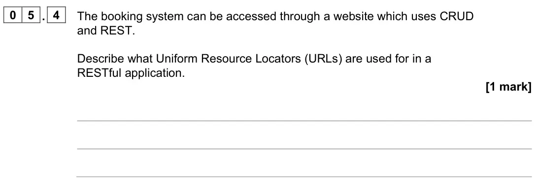 June 2023 Paper 2, question 05.4: The booking system can be accessed through a website which uses CRUD and REST. Describe what Uniform Resource Locators (URLs) are used for in a RESTful applicat