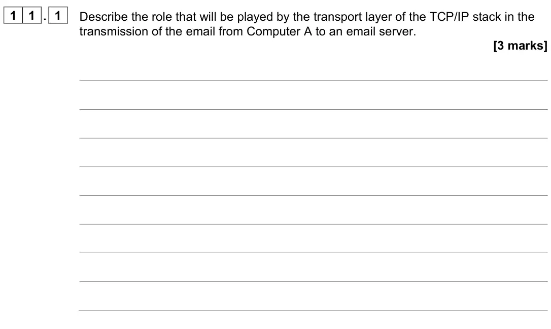 June 2023 Paper 2, question 11.1: Describe the role that will be played by the transport layer of the TCP/IP stack in the transmission of the email from Computer A to an email server. [3 marks]