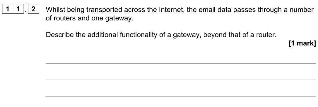 June 2023 Paper 2, question 11.2: Whilst being transported across the Internet, the email data passes through a number of routers and one gateway. Describe the additional functionality of a gate