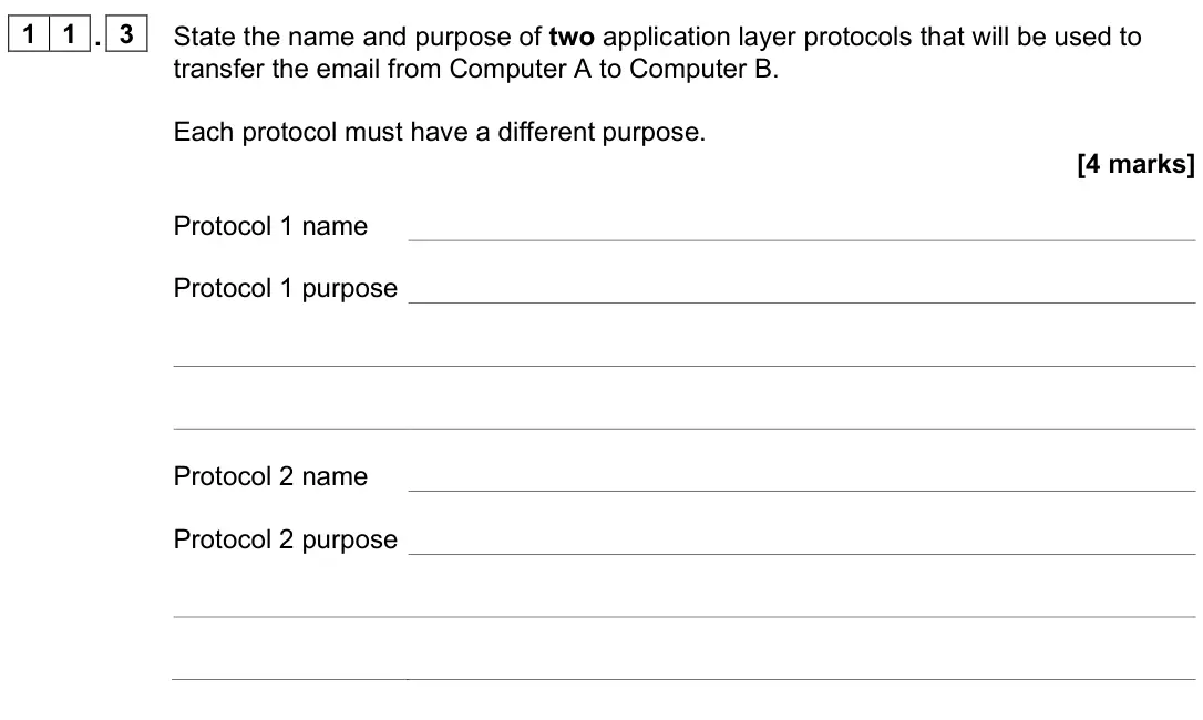 June 2023 Paper 2, question 11.3: State the name and purpose of two application layer protocols that will be used to transfer the email from Computer A to Computer B. Each protocol must have a d