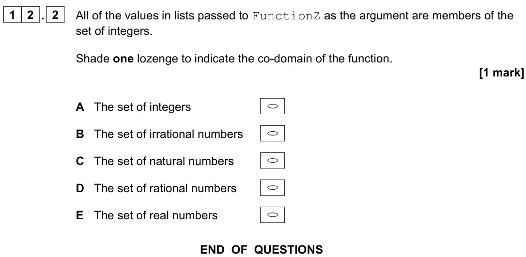 June 2023 Paper 2, question 12.2: All of the values in lists passed to FunctionZ as the argument are members of the set of integers. Shade one lozenge to indicate the co-domain of the function.