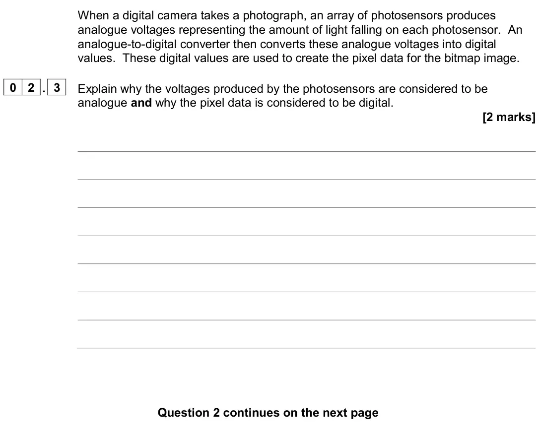 June 2024 Paper 2, question 02.3: Explain why the voltages produced by the photosensors are considered to be analogue and why the pixel data is considered to be digital. [2 marks]