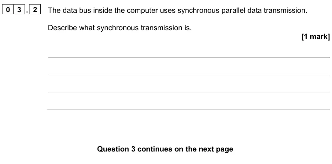 June 2024 Paper 2, question 03.2: The data bus inside the computer uses synchronous parallel data transmission. Describe what synchronous transmission is. [1 mark]