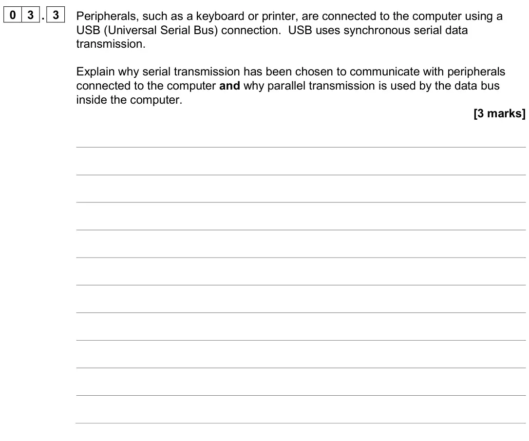June 2024 Paper 2, question 03.3: Peripherals, such as a keyboard or printer, are connected to the computer using a USB (Universal Serial Bus) connection. USB uses synchronous serial data transm