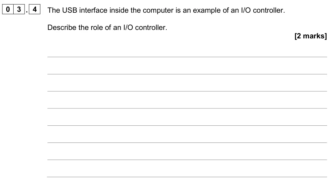 June 2024 Paper 2, question 03.4: The USB interface inside the computer is an example of an I/O controller. Describe the role of an I/O controller. [2 marks]