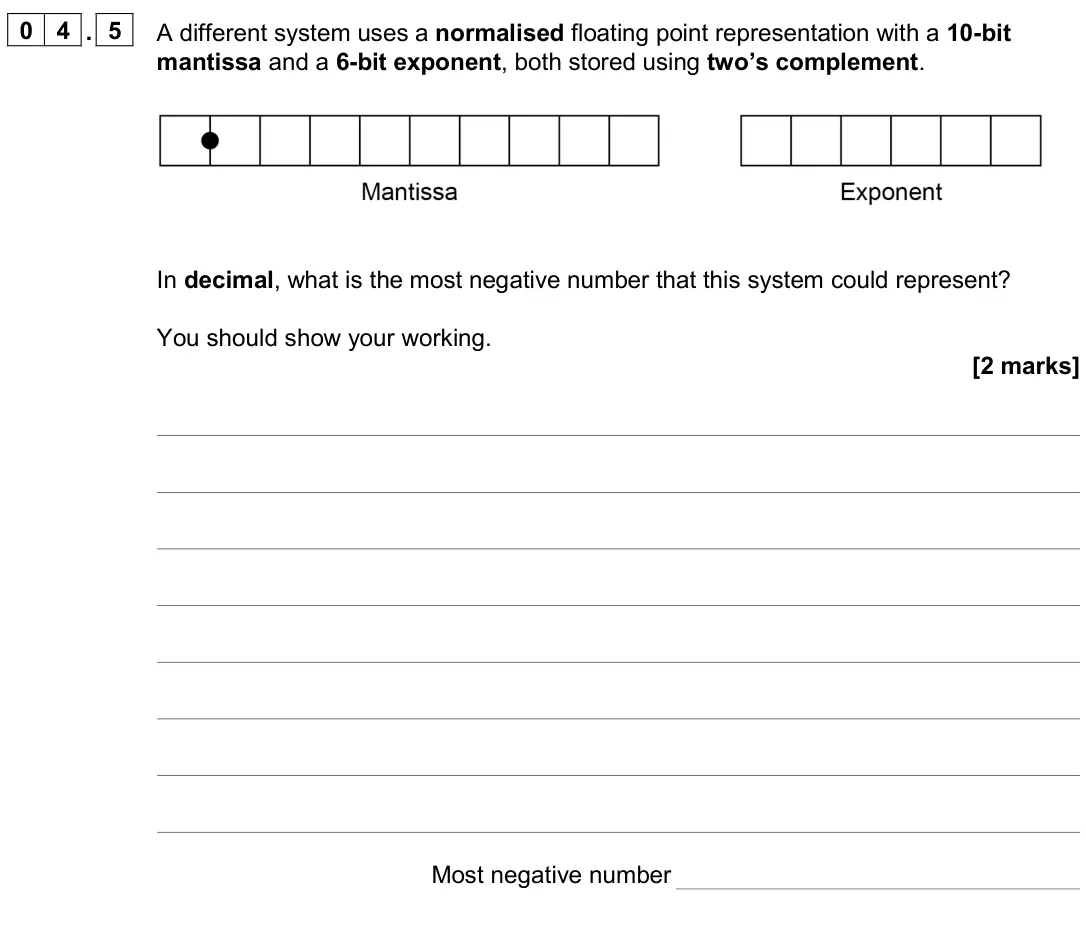June 2024 Paper 2, question 04.5: A different system uses a normalised floating point representation with a 10-bit mantissa and a 6-bit exponent, both stored using two’s complement. In decimal,