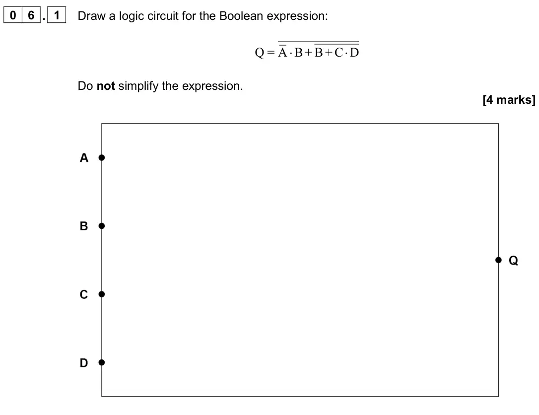 June 2024 Paper 2, question 06.1: Draw a logic circuit for the Boolean expression: Q = A B+ B+ C D ⋅ ⋅ Do not simplify the expression. [4 marks]