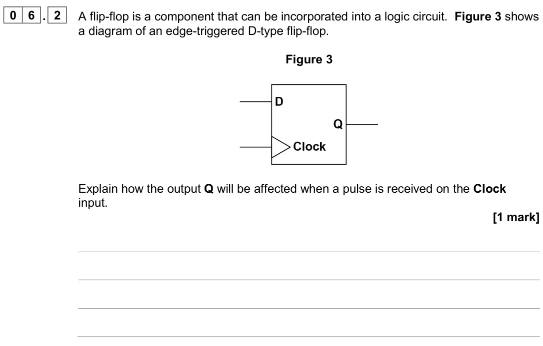 June 2024 Paper 2, question 06.2: A flip-flop is a component that can be incorporated into a logic circuit. Figure 3 shows a diagram of an edge-triggered D-type flip-flop. Figure 3 Explain how t