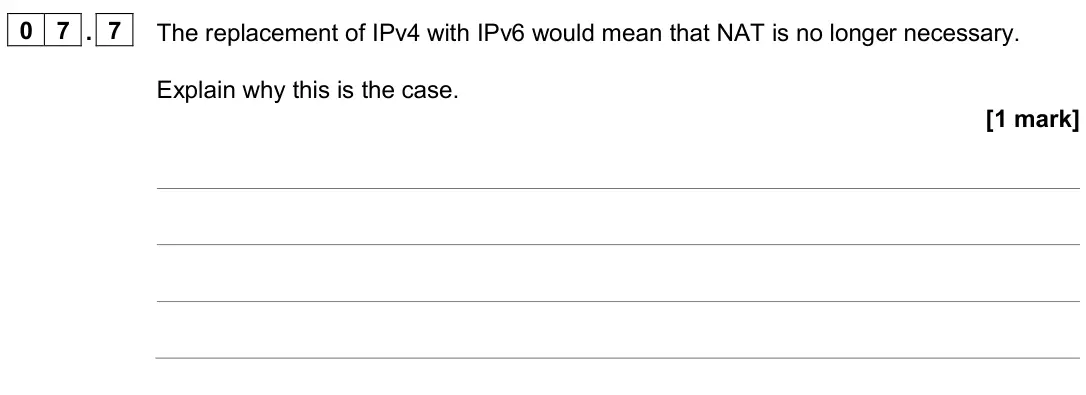 June 2024 Paper 2, question 07.7: The replacement of IPv4 with IPv6 would mean that NAT is no longer necessary. Explain why this is the case. [1 mark]