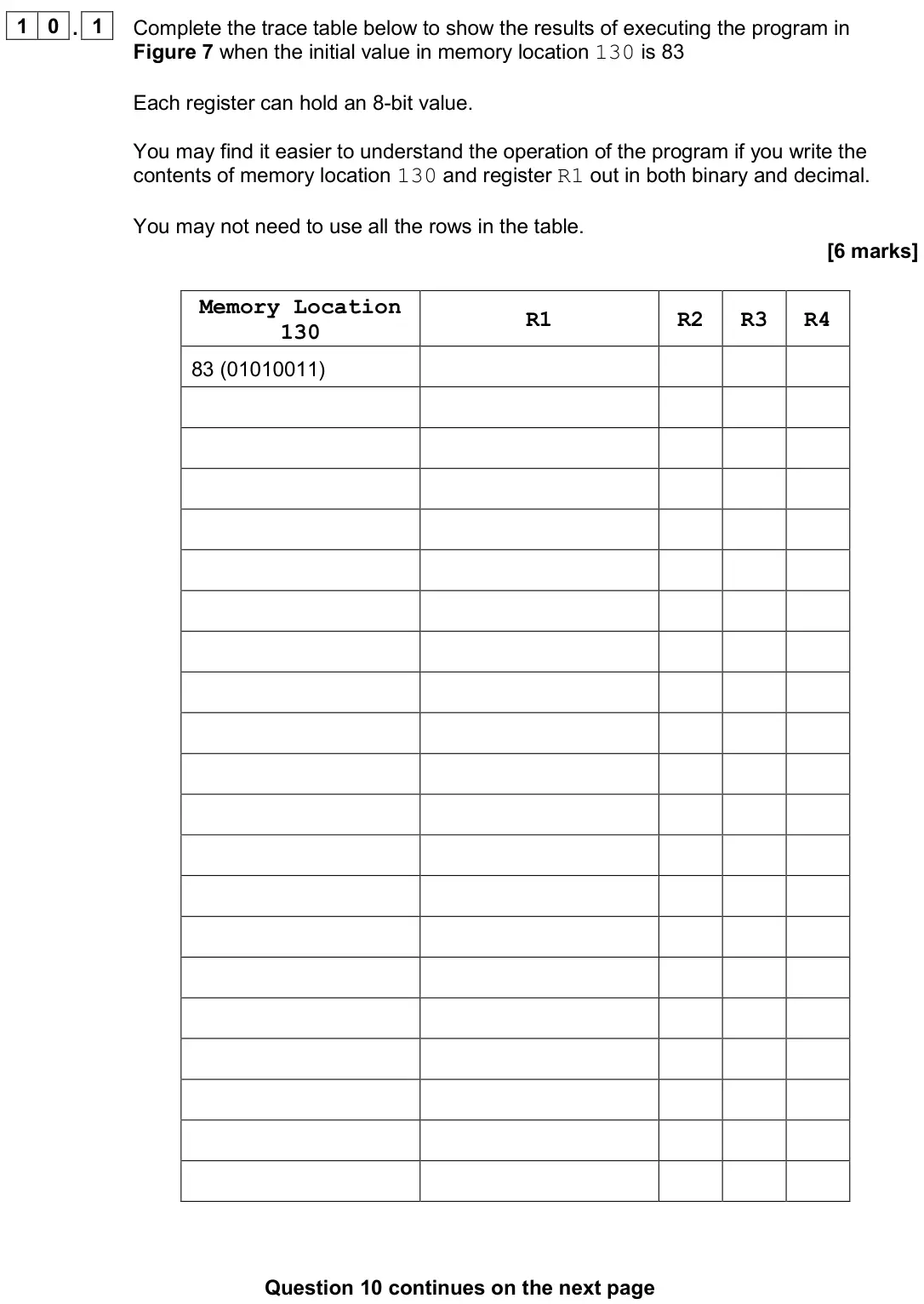 June 2024 Paper 2, question 10.1: Complete the trace table below to show the results of executing the program in Figure 7 when the initial value in memory location 130 is 83 Each register can ho