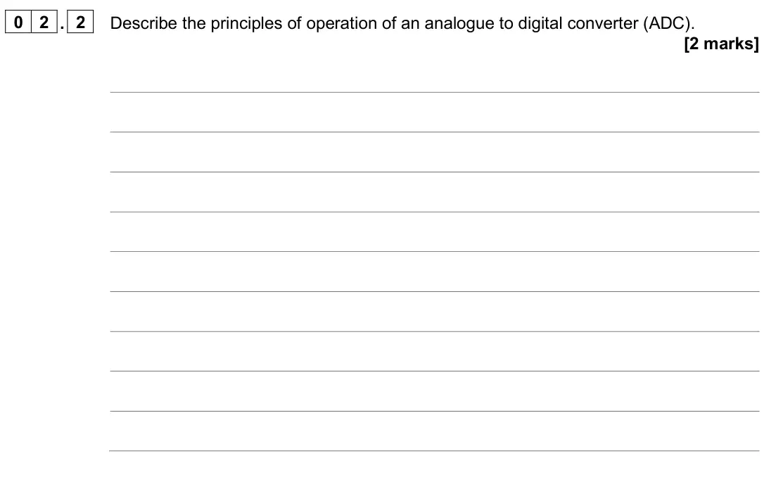 June 2025 Paper 2, question 02.2: Describe the principles of operation of an analogue to digital converter (ADC). [2 marks]