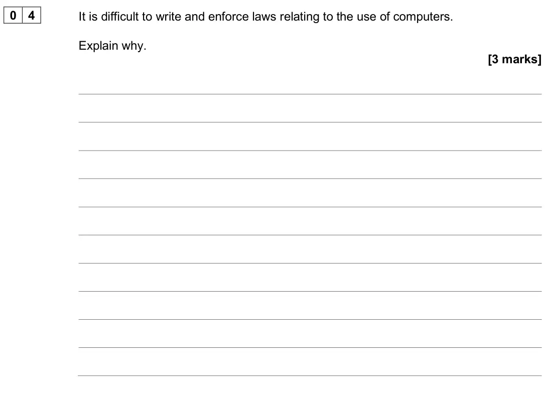 June 2025 Paper 2, question 04: It is difficult to write and enforce laws relating to the use of computers. Explain why. [3 marks]