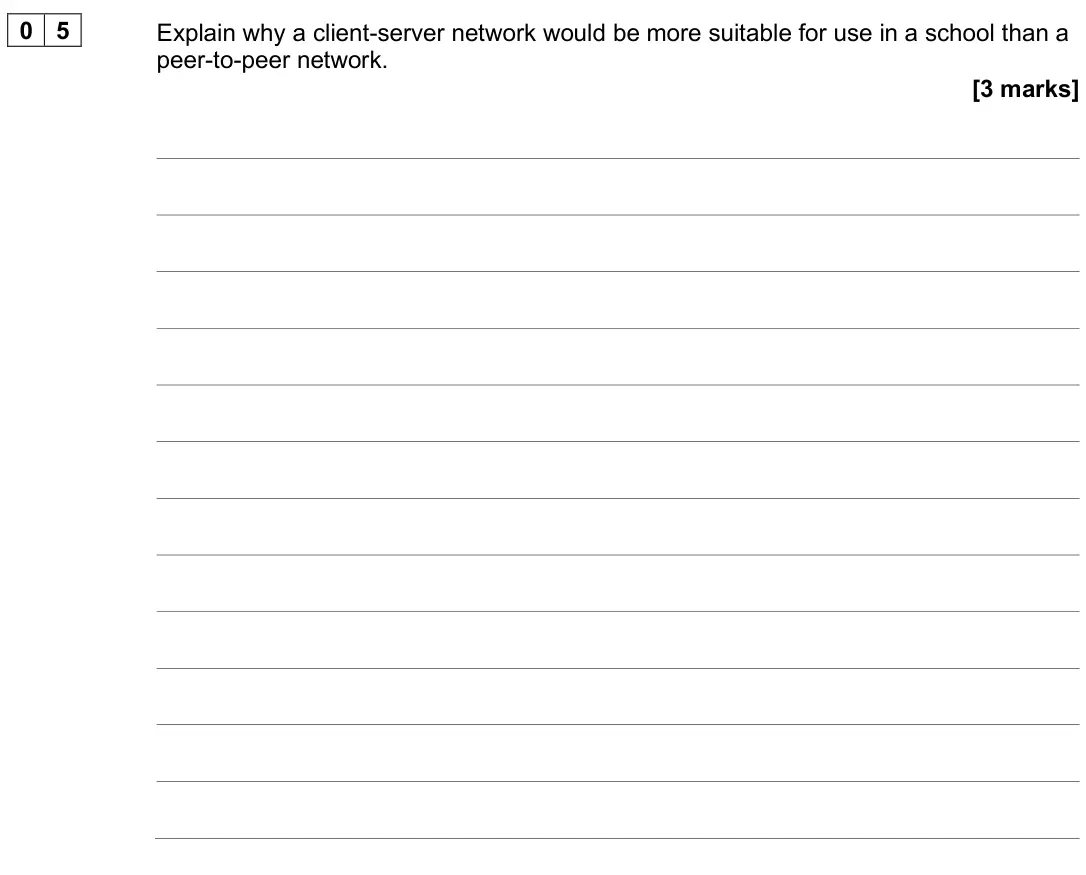 June 2025 Paper 2, question 05: Explain why a client-server network would be more suitable for use in a school than a peer-to-peer network. [3 marks]