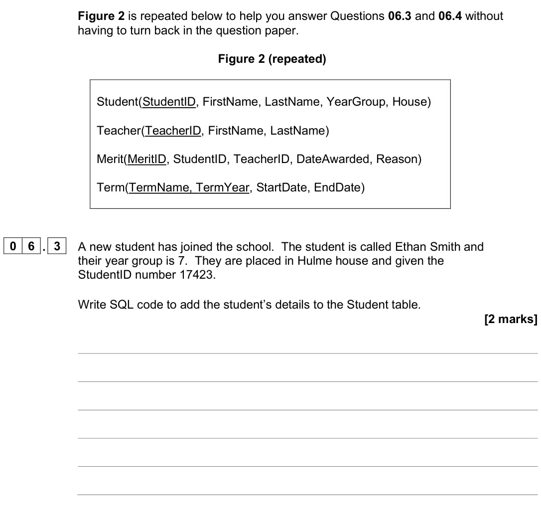 June 2025 Paper 2, question 06.3: and 06.4 without having to turn back in the question paper. Figure 2 (repeated) Student(StudentID, FirstName, LastName, YearGroup, House) Teacher(TeacherID, Fir