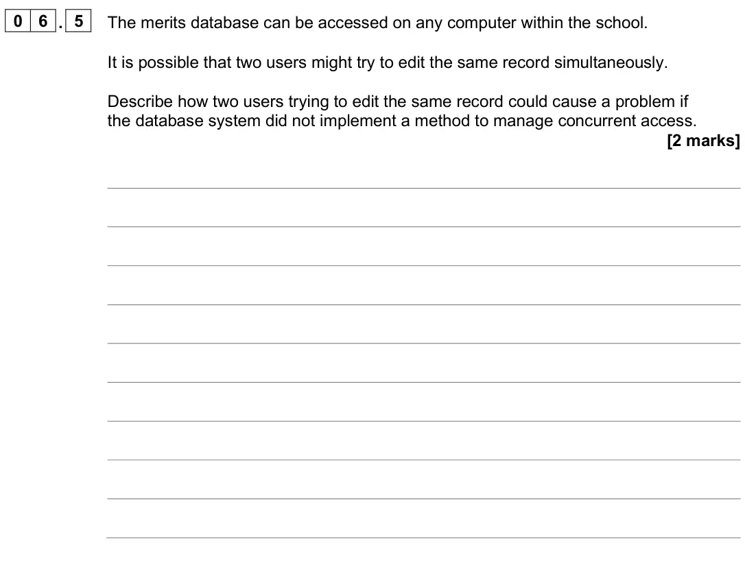 June 2025 Paper 2, question 06.5: The merits database can be accessed on any computer within the school. It is possible that two users might try to edit the same record simultaneously. Describe 